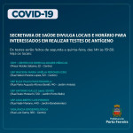 Covid-19: Secretaria de Saúde divulga locais e horário para interessados em realizar testes de antígeno