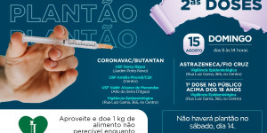 Covid-19: domingo tem plantão de vacinação para primeiras e segundas doses.