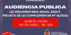 Audiência pública discutirá LOA 2024 e mais um projeto na próxima semana