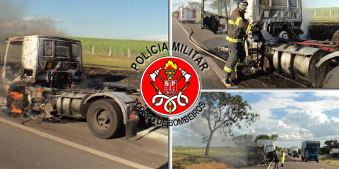 "Cavalo mecânico" de caminhão fica totalmente destruído em incêndio na Rodovia Anhanguera