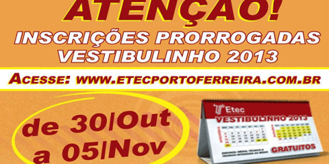 Incrições prorrogadas para o Vestibulinho ETEC 2013